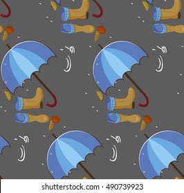 vector seamless pattern with autumn icons, rain, leaves, umbrella, pools, gumboots on the  grey background