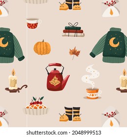 Vector seamless pattern with autumn items: warm sweater, cup of coffee and tea, teapot, books. A cozy pattern is suitable for wallpapers, backgrounds, textiles, prints.