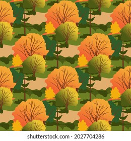 vector seamless pattern with an autumn landscape of multicolored trees in natural colors