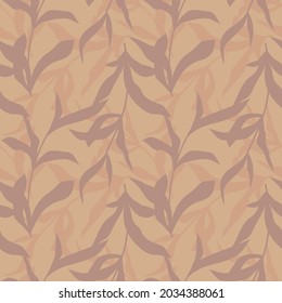 Vector seamless pattern of autumn leaf branches on the beige background. 