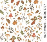 Vector seamless pattern with autumn leaves and mushrooms, perfect for seasonal textiles, wallpaper, wrapping paper, greeting cards, and home decor. Ideal for adding a cozy autumn touch to any creative