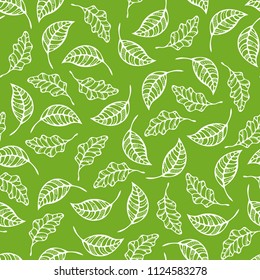 Vector seamless pattern of autumn leaves. White linear ash and oak leaves on green background. Summer boundless background. Tileable elements.