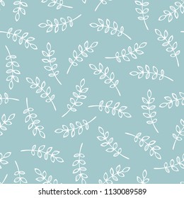 Vector seamless pattern of autumn leaves. White outline rowan leaves on blue background. Nature boundless background. Tileable elements.