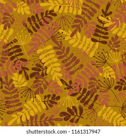 Vector seamless pattern of autumn leaves. Golden, brown, and pink leaf silhouette fall seasonal background. Distressed. For fabric, paper, wallpaper, web banner, invitation, Thanksgiving. Robinia, ash