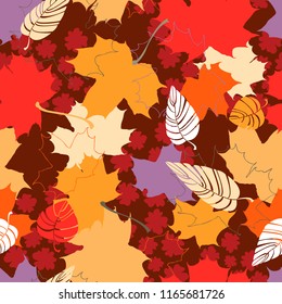 Vector seamless pattern of autumn leaves and flowers. Background for textile or book covers, wallpapers, design, graphic art, printing, hobby, invitation.