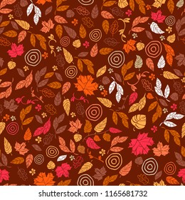 Vector seamless pattern of autumn leaves and flowers. Background for textile or book covers, wallpapers, design, graphic art, printing, hobby, invitation.
