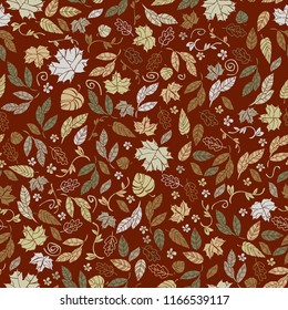 Vector seamless pattern of autumn leaves. Background for textile or book covers, wallpapers, design, graphic art, printing, hobby, invitation.