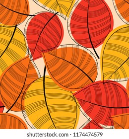 Vector seamless pattern with autumn leaves of yellow, orange and red.