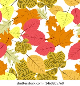 Vector seamless pattern with autumn leaves. Autumn leaves of maple, chestnut, aspen, birch, poplar. Background for autumn decoration and design. Floral wallpaper.