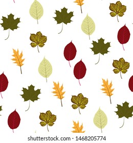 Vector seamless pattern with autumn leaves. Autumn leaves of maple, chestnut, aspen, birch, poplar. Background for autumn decoration and design. Floral wallpaper.