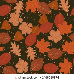 Vector seamless pattern with autumn leaves in red colors . Autumn leaves of maple, chestnut, aspen, birch, poplar. Background for autumn decoration and design. Floral wallpaper.