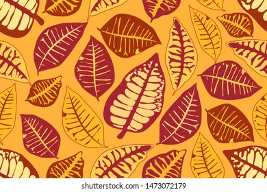 Vector seamless pattern with autumn leaves. Maroon, ivory, yellow, brown leaves isolated on yellow background. For home textiles, fabric, wallpaper, kitchen decor, packaging paper, accessories.