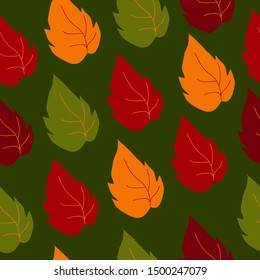 Vector seamless pattern with autumn leaves on the green background. Print for fabric, wrapping papers, wallpapers, fabric, covers, scrapbooking.