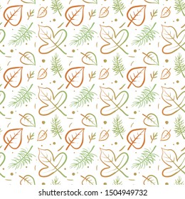 vector seamless pattern with autumn leaves in different shapes and colors drawn by line