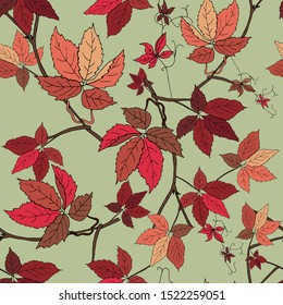 Vector seamless pattern of autumn leaves of wild grapes on a light yellow background.
