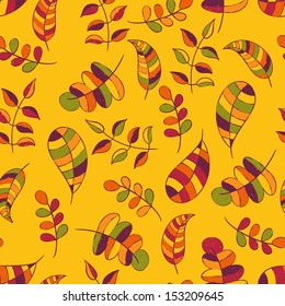 Vector Seamless Pattern with Autumn Leaves, hand drawn doodle style