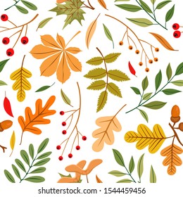 Vector seamless pattern of autumn leaves, branches and berries. Background for textile or book covers, manufacturing, wallpapers, print, gift wrap and scrapbooking
