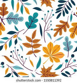 Vector seamless pattern of autumn leaves, branches and berries. Background for textile or book covers, manufacturing, wallpapers, print, gift wrap and scrapbooking