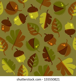 Vector seamless pattern of autumn leaves on dark green background