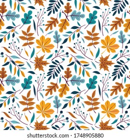 Vector seamless pattern of autumn leaves, branches and berries. Background for textile or book covers, manufacturing, wallpapers, print, gift wrap and scrapbooking