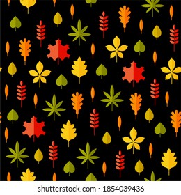 Vector seamless pattern with autumn leaves. Pattern with stylized autumn elements. Vector illustration on a black background.