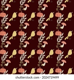 Vector seamless pattern with autumn leaves, pumpkin and bird in Scandinavian style for fabrics, paper, textile, gift wrap isolated on black background for kids
