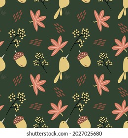 Vector seamless pattern with autumn leaves, pumpkin, acorn, bird in Scandinavian style for fabrics, paper, textile, gift wrap isolated on green background