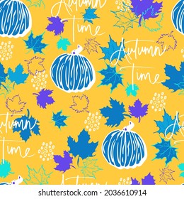 vector seamless pattern autumn leaves and  pumpkin with lettering autumn time background. Autumn clip art hand painted, isolated. Halloween pumpkin. for invitations, greeting cards, print, banners