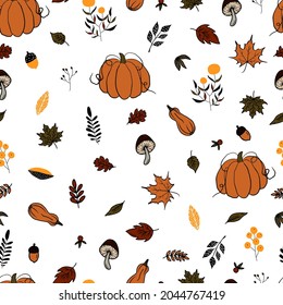 Vektornahtlose Muster Herbstblätter und Kürbis Herbsthintergrund. Herbstklammer, handgemalt, einzeln. Halloween Kürbis. für Einladungen, Grußkarten, Druck, Banner