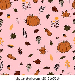 vector seamless pattern autumn leaves and  pumpkin autumn time background. Autumn clip art hand painted, isolated. Halloween pumpkin. for invitations, greeting cards, print, banners