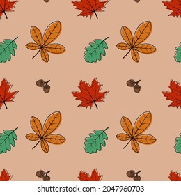 Vector seamless pattern of autumn leaves. Autumn pattern. A bright, repetitive texture for the autumn season. Design of postcards, prints made of wrapping paper, packaging, children is books.