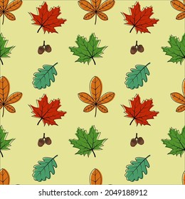 Vector seamless pattern of autumn leaves. Autumn pattern. A bright, repetitive texture for the autumn season. Design of postcards, prints made of wrapping paper, packaging, children is books.