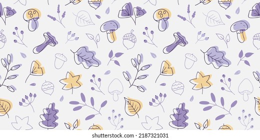 Vector seamless pattern of autumn leaves, twigs, berries, acorns and mushrooms. Abstract background from hand drawn botanical elements, cartoon plants. Trendy floral texture from cute doodles, season