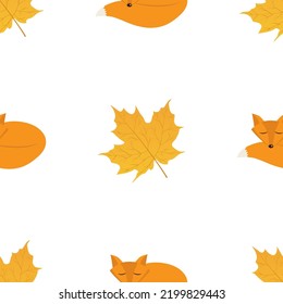 Vector seamless pattern with autumn leaves and cute foxes on a white background