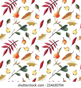 Vector seamless pattern with autumn leaves and berries hand drawn in watercolor. Vector texture.