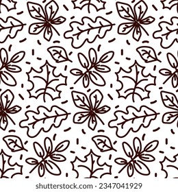 Vector seamless pattern with autumn leaves in contour style, coloring book for children and adults. Doodle foliage on a white background. Printing on textiles in the autumn theme