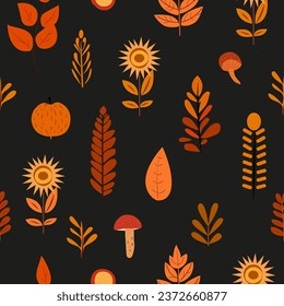 Vector seamless pattern of autumn leaves, made in flat style on a black background.