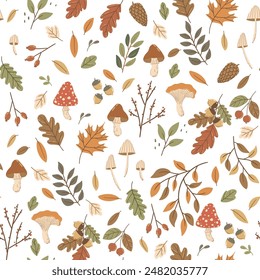 Vector seamless pattern with autumn leaves and mushrooms, perfect for seasonal textiles, wallpaper, wrapping paper, greeting cards, and home decor. Ideal for adding a cozy autumn touch to any creative