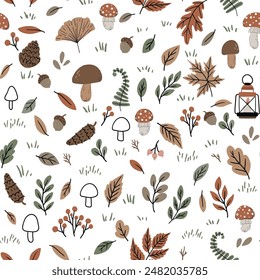 Vector seamless pattern with autumn leaves and mushrooms, perfect for seasonal textiles, wallpaper, wrapping paper, greeting cards, and home decor. Ideal for adding a cozy autumn touch to any creative