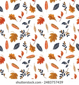 Vector seamless pattern with autumn leaves on white background.