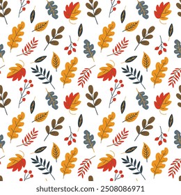 Vector seamless pattern with autumn leaves on white background.