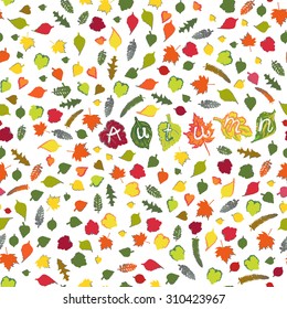 Vector seamless pattern with  autumn leaves  on the white background. Word autumn with colourful letters.