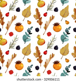 Vector seamless pattern with autumn leaves and berries. Beautiful autumn background with the leaves of oak, aspen, blackberries.