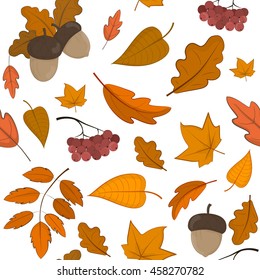 Vector seamless pattern with autumn leaves, rowan and acorns.