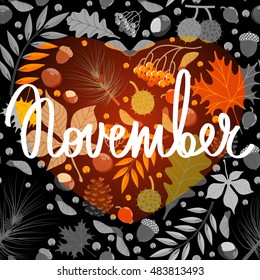 Vector seamless pattern with autumn leaves and berries isolated on black background. November handmade calligraphy