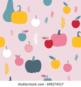 Vector seamless pattern with autumn leaves and pumpkins. Trendy color abstract elements on pink background. Abstract backdrop for textile, fabric, wrapping paper.
