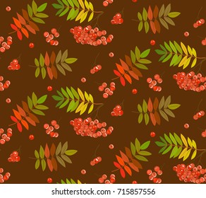 Vector seamless pattern autumn leaves and bunch of rowan