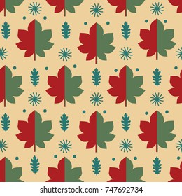 Vector seamless pattern with autumn leaves, duo colored oak and maple leaves in red, green and pale yellow colors. Good for textile and wrapping paper.