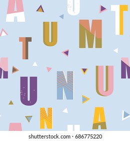 Vector seamless pattern with autumn letters. Light pink and blue typographic background. Abstract backdrop for textile, fabric, wrapping paper.