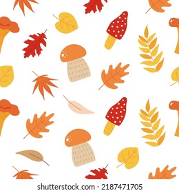 Vector seamless pattern of autumn mushroom, leaves